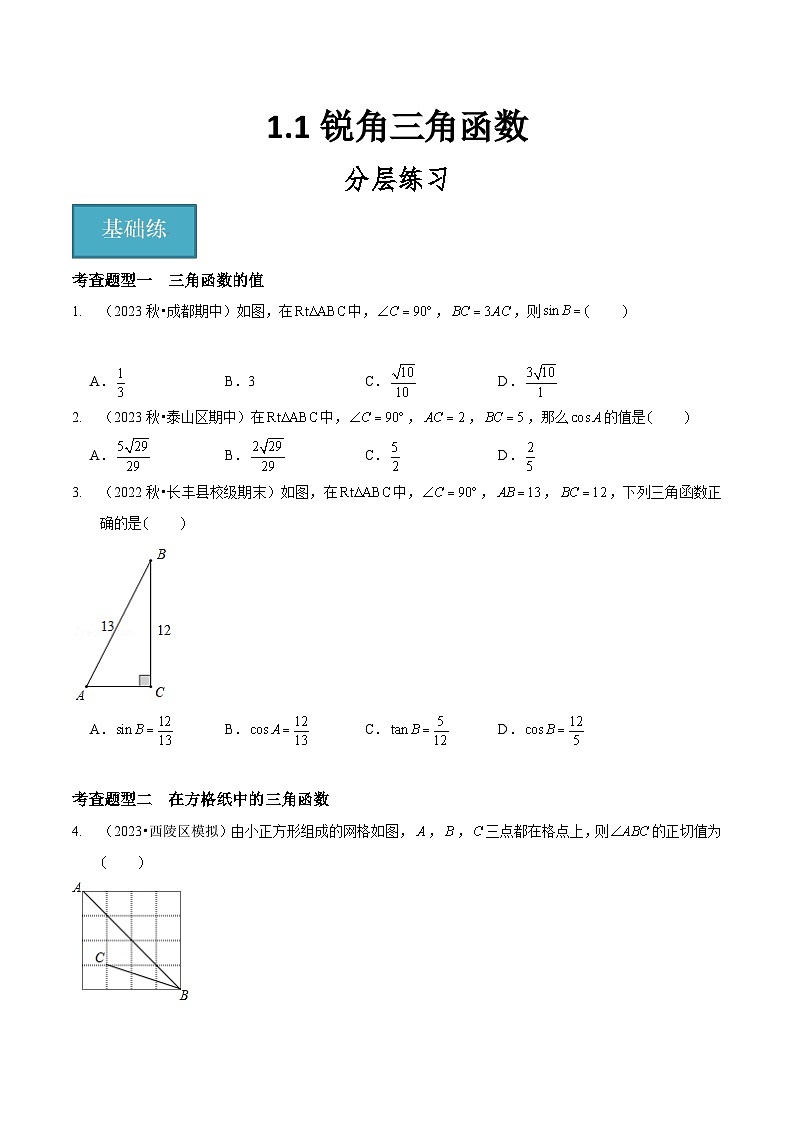 【分层训练】北师大版 初中数学 九年级下册 1.1锐角三角函数（分层练习，4题型）01