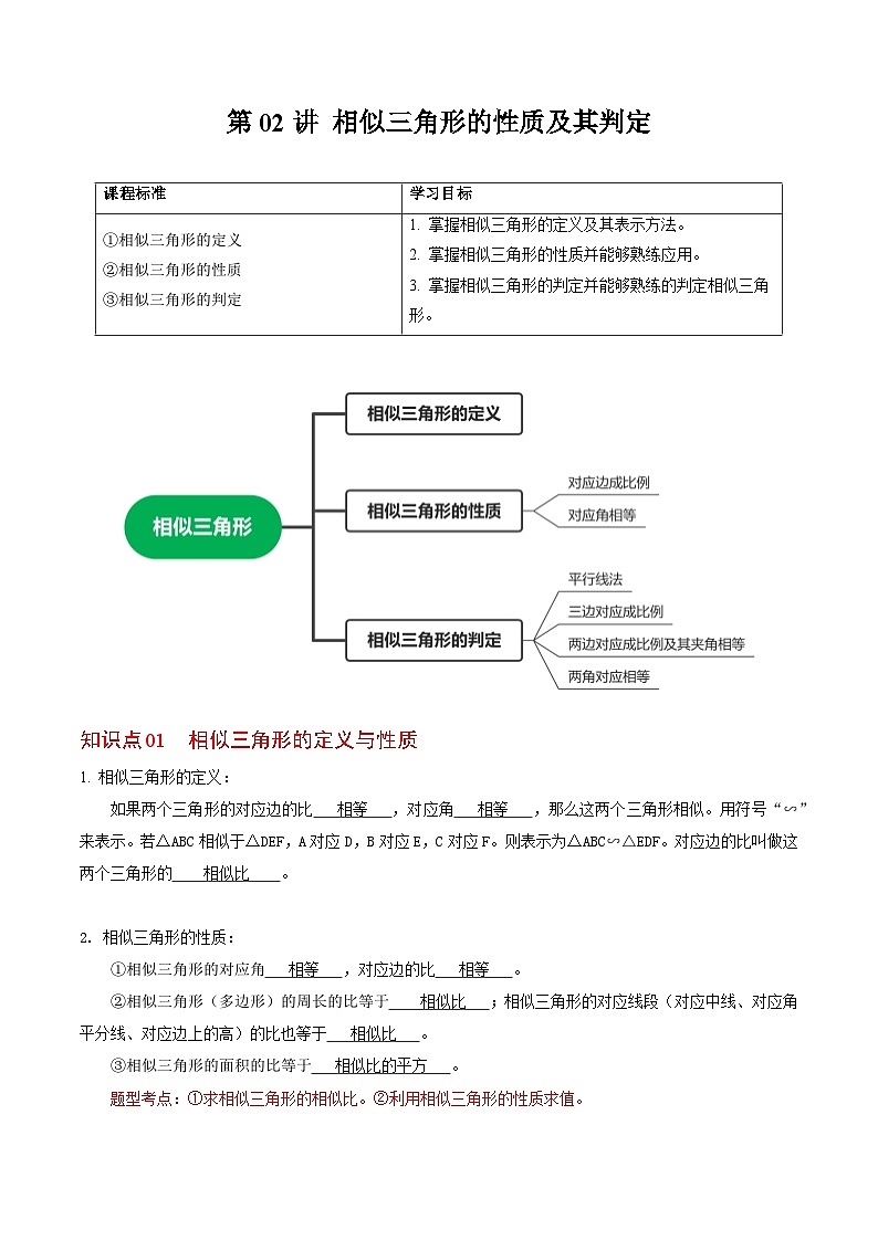 【同步训练】人教版初中数学九年级下册 第02讲+相似三角形及其性质01