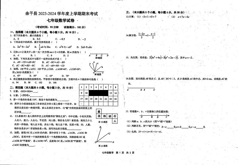 江西省上饶市余干县2023-2024学年上学期七年级期末数学试题01