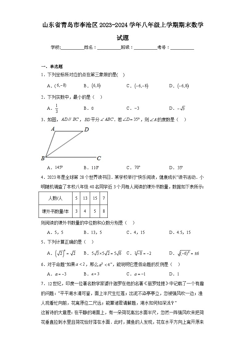 山东省青岛市李沧区2023-2024学年八年级上学期期末数学试题(含答案)01