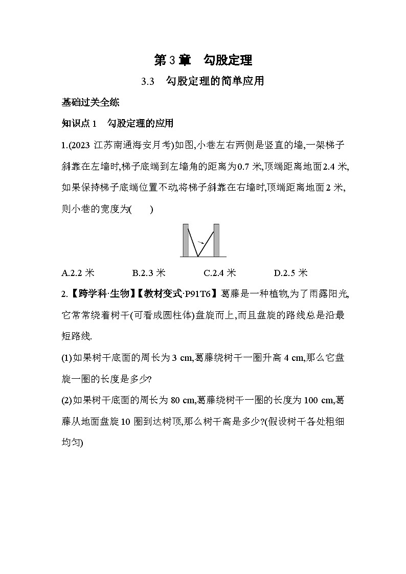 3.3 勾股定理的简单应用 苏科版数学八年级上册素养提升卷(含解析)01