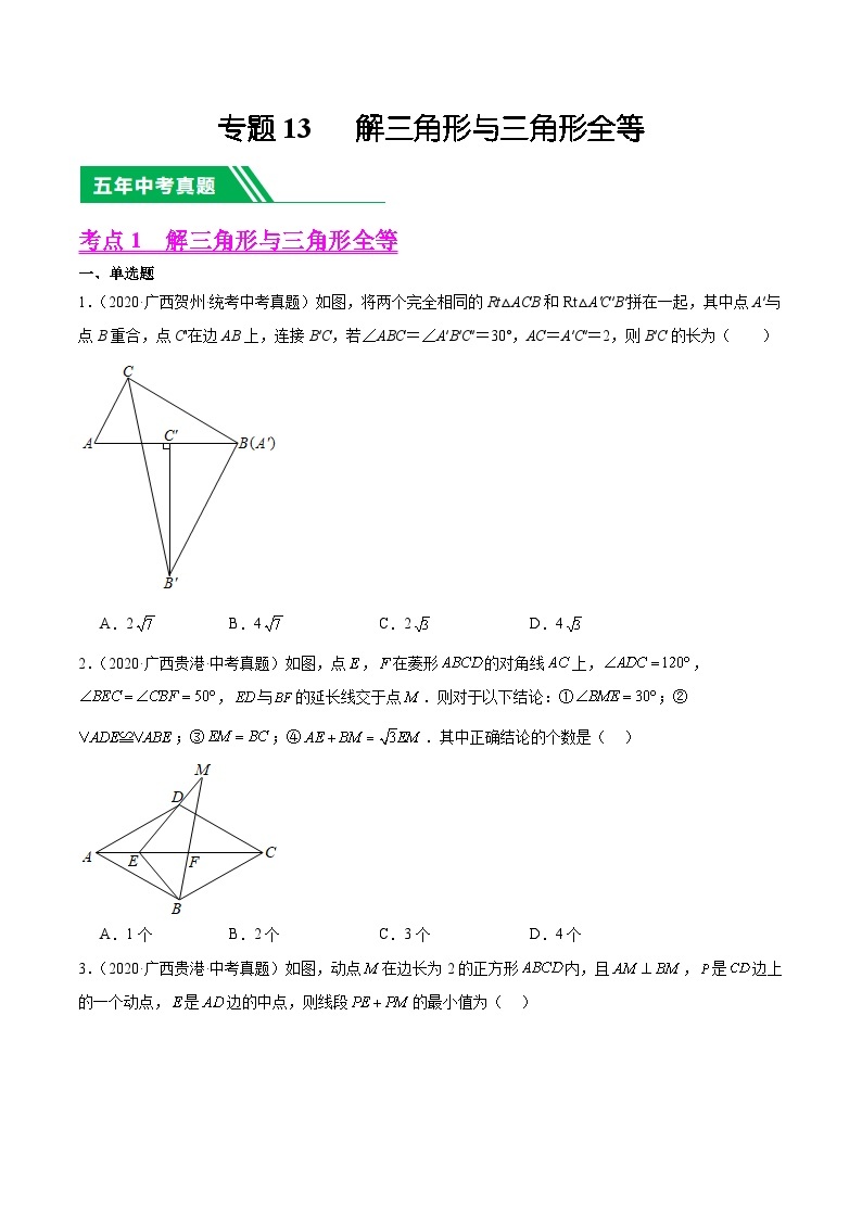 【备战2024年中考】一轮复习 初中数学 真题分项汇编  专题13 解三角形与三角形全等 教师版+学生版01