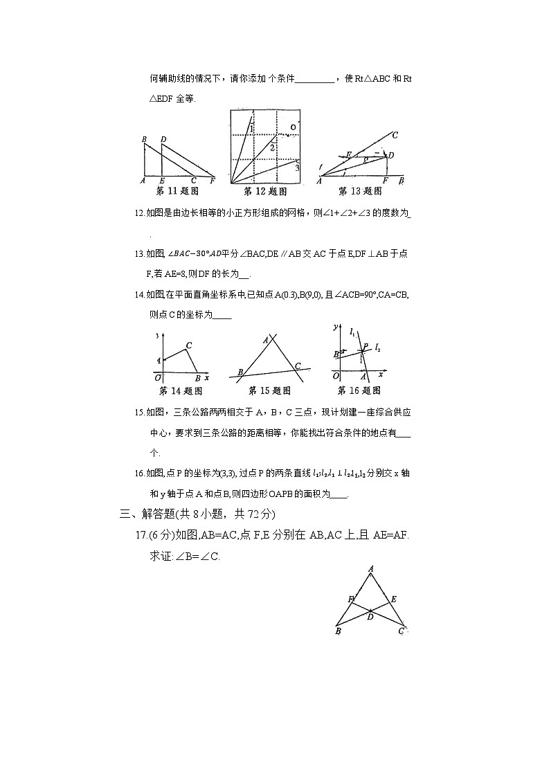 湖北省十堰市实验中学2023-2024学年人教版八年级上册数学第12章+全等三角形+单元测试卷第3页