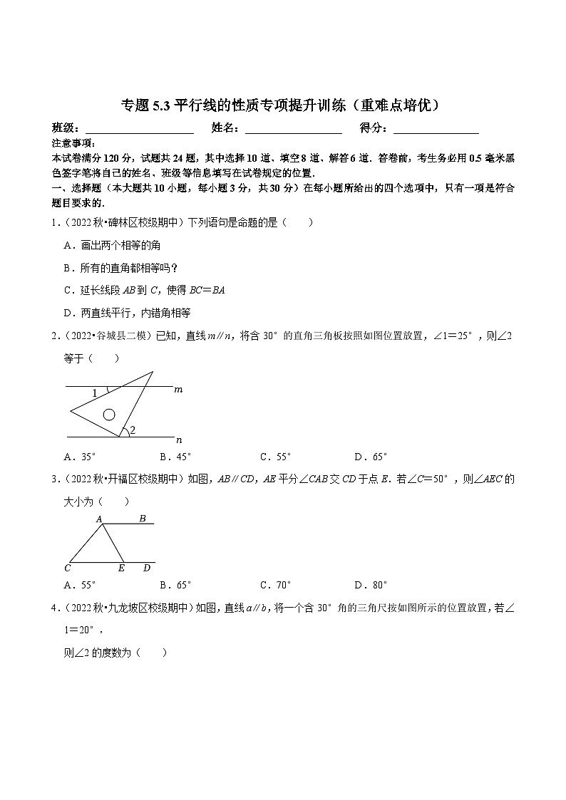 人教版七年级数学下册尖子生培优练习 专题5.3平行线的性质专项提升训练（重难点培优）（原卷版+解析）01