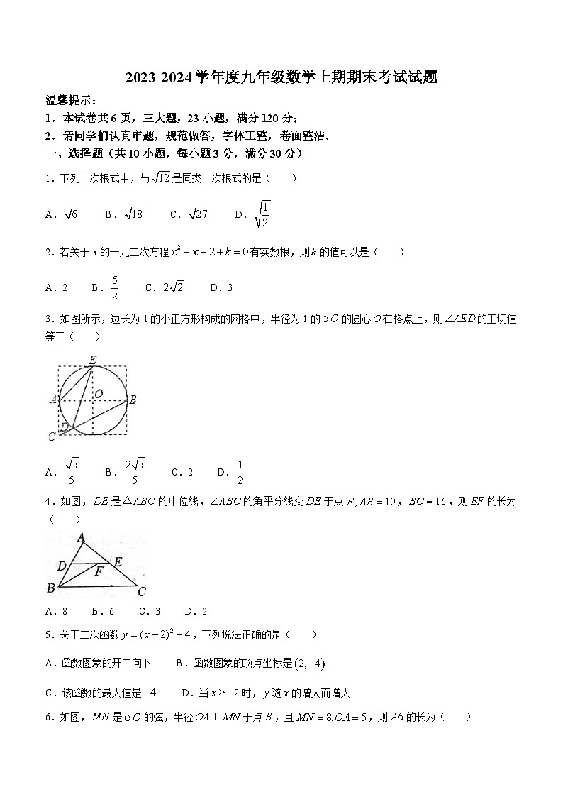 河南省周口市太康县2023-2024学年九年级上学期期末数学试题()第1页