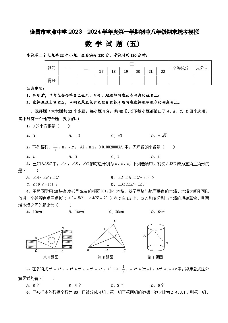 四川省内江市隆昌市重点中学2023-2024学年八年级上学期期末模拟数学试题（5）（含答案）第1页