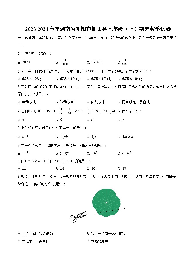 2023-2024学年湖南省衡阳市衡山县七年级（上）期末数学试卷（含解析）01