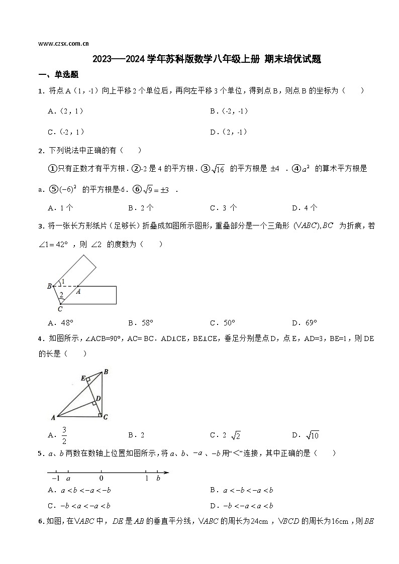 苏科版2023—-2024学年数学八年级上册 期末培优试题第1页