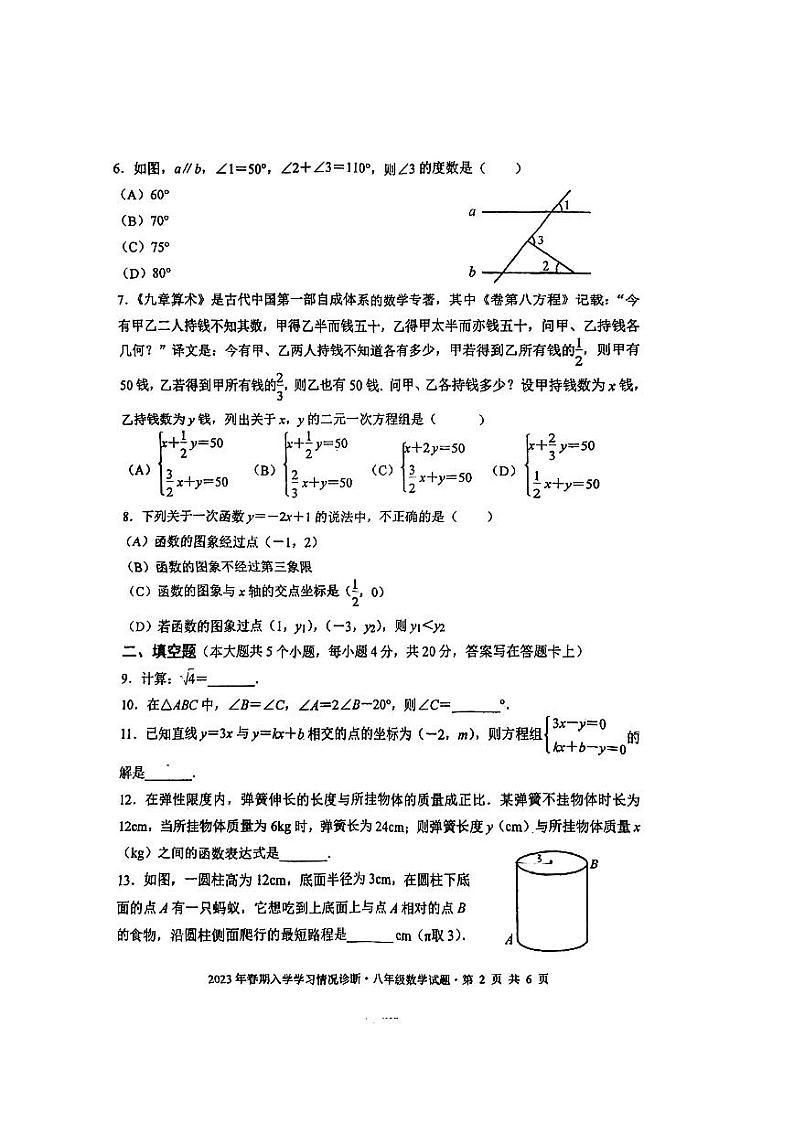 四川省成都市棠湖外国语学校2022-2023学年八年级下学期入学考数学试卷02