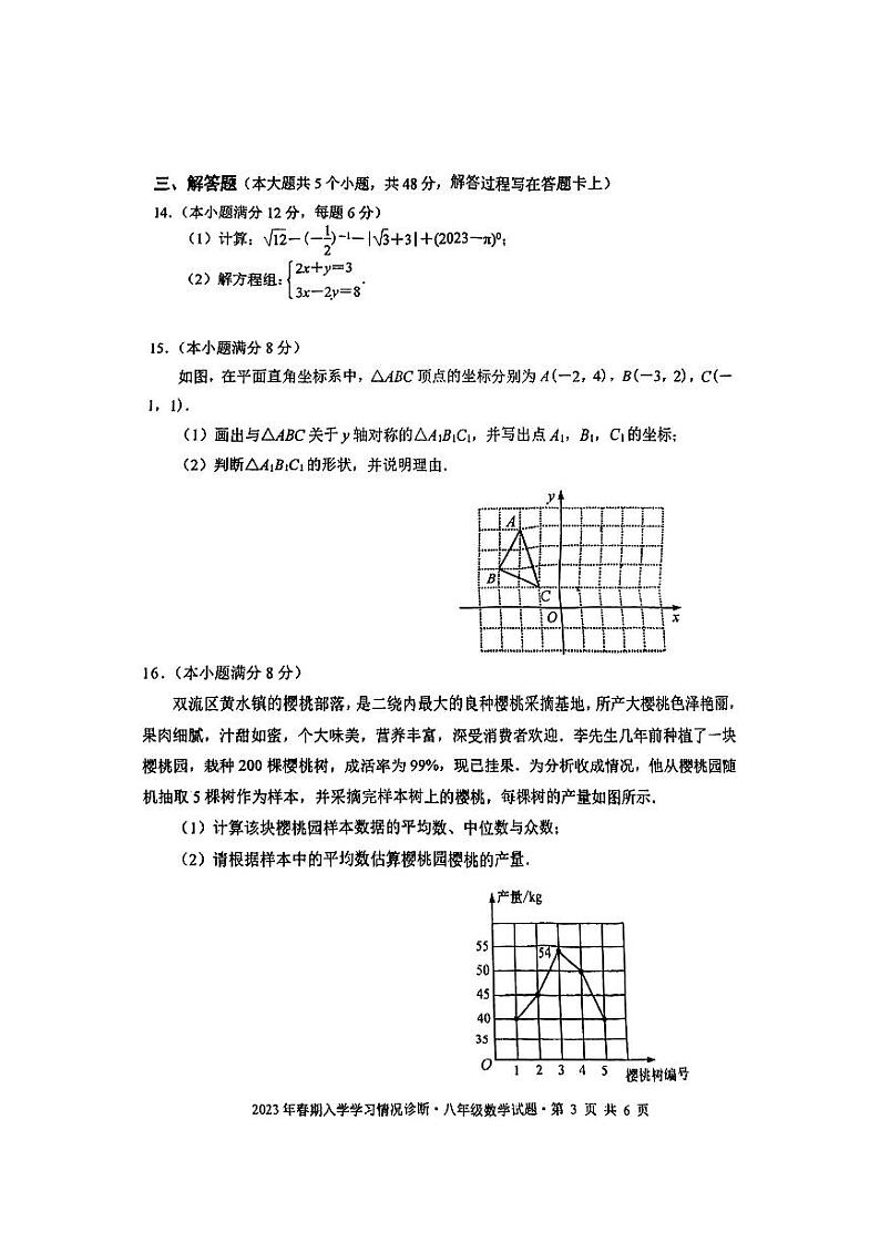 四川省成都市棠湖外国语学校2022-2023学年八年级下学期入学考数学试卷03
