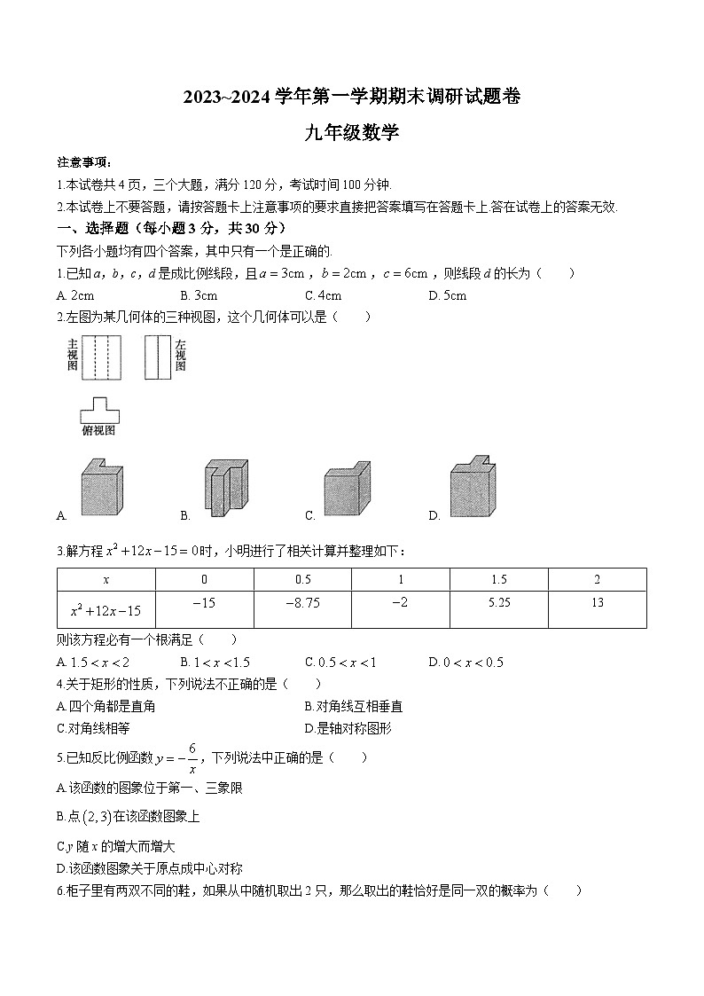 河南省平顶山市2023-2024学年九年级上学期期末数学试题01