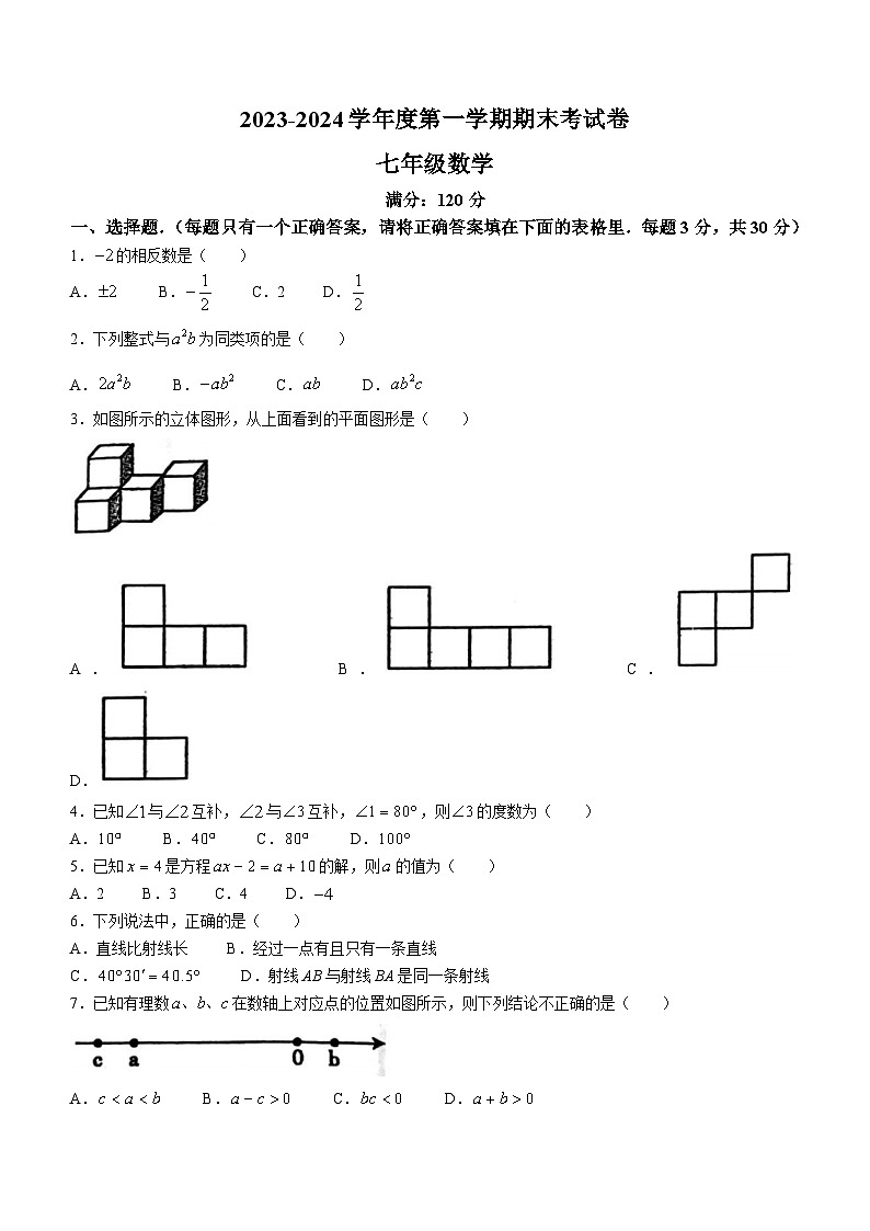 河南省周口市鹿邑县2023-2024学年七年级上学期期末数学试题第1页