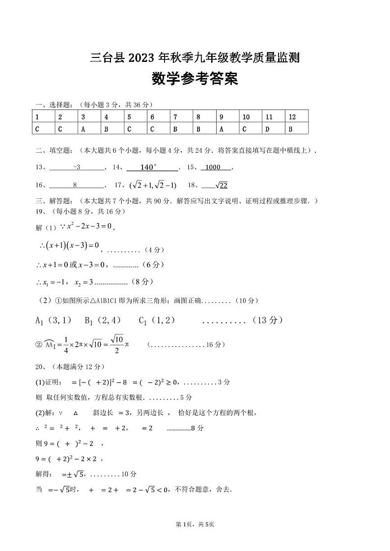 四川省绵阳市三台县2023-2024学年九年级上学期期末教学质量监测数学试题01