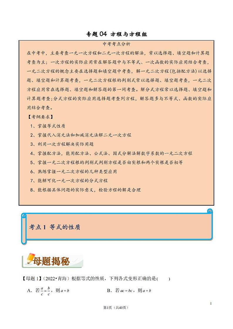 初中数学专题04+方程与方程组（精讲）01