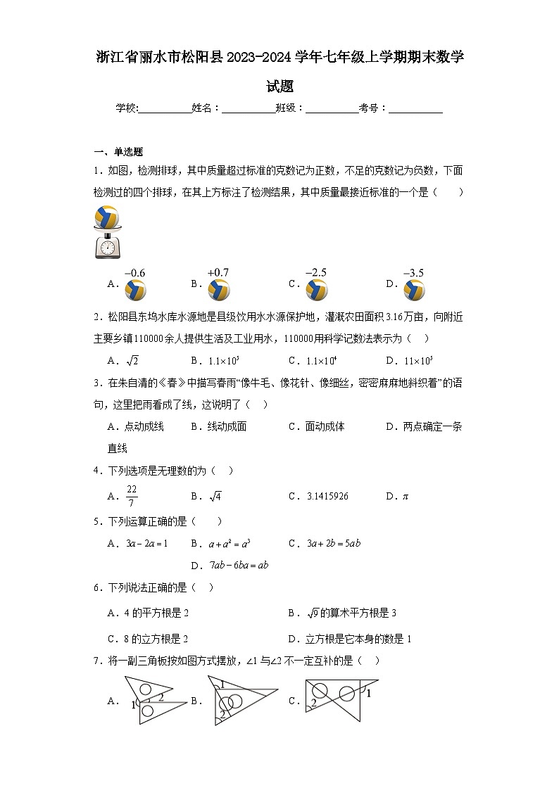 浙江省丽水市松阳县2023-2024学年七年级上学期期末数学试题(含答案)01