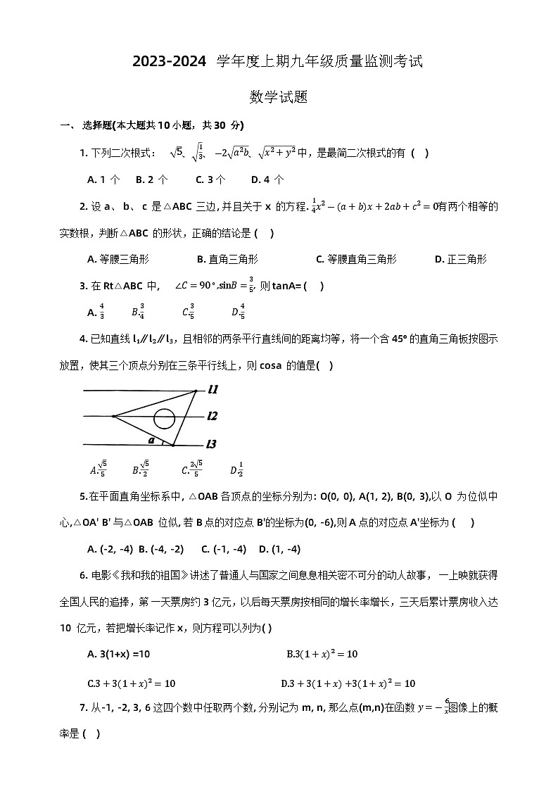 河南省驻马店市新蔡县2023-2024学年上学期九年级质量监测数学试卷+01