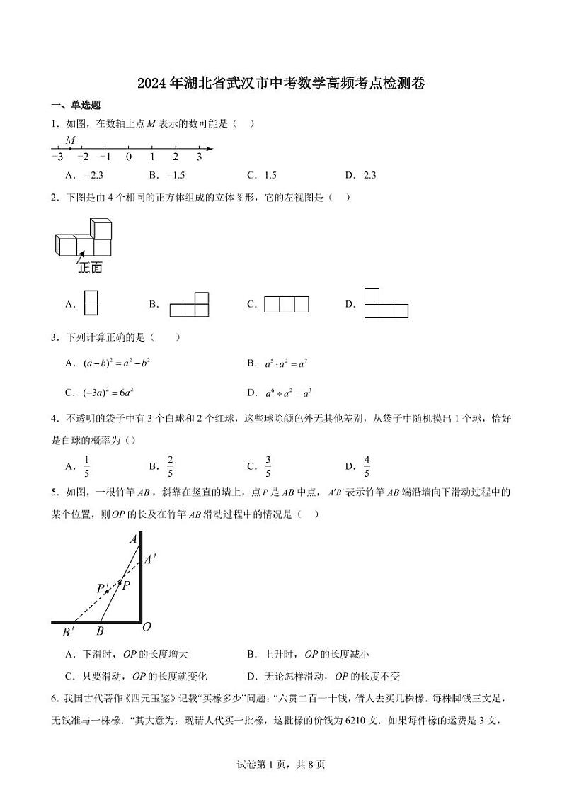 2024年湖北省武汉市中考数学高频考点检测卷第1页
