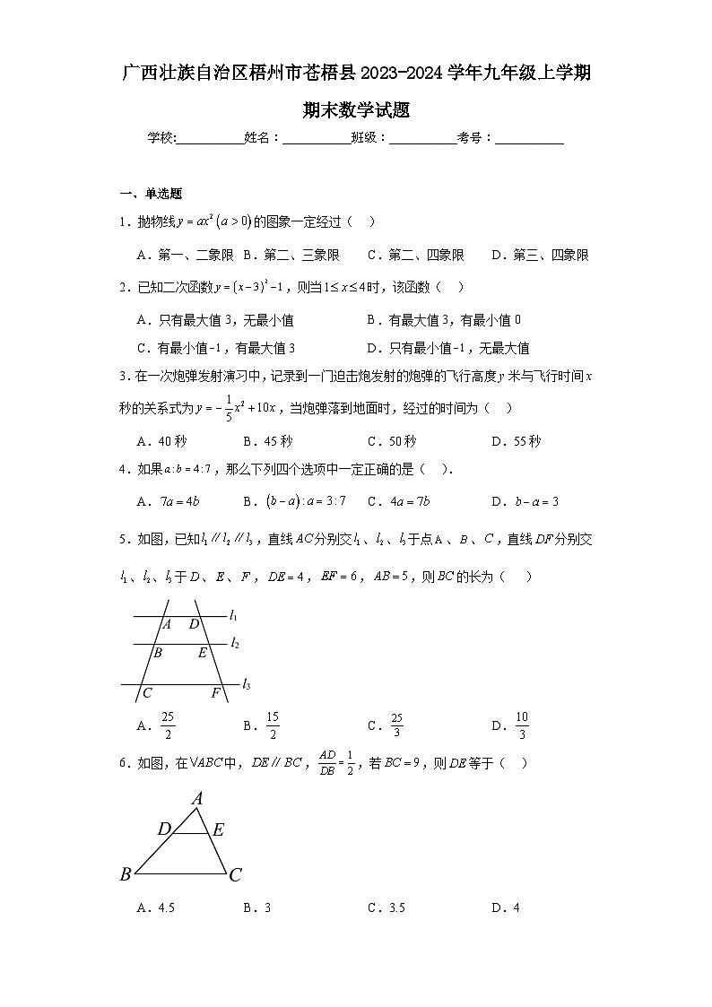广西壮族自治区梧州市苍梧县2023-2024学年九年级上学期期末数学试题(含答案)01