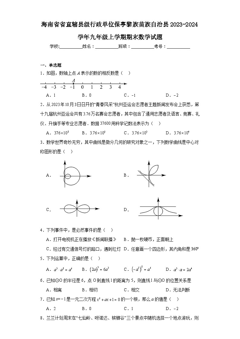海南省省直辖县级行政单位保亭黎族苗族自治县2023-2024学年九年级上学期期末数学试题(含答案)01