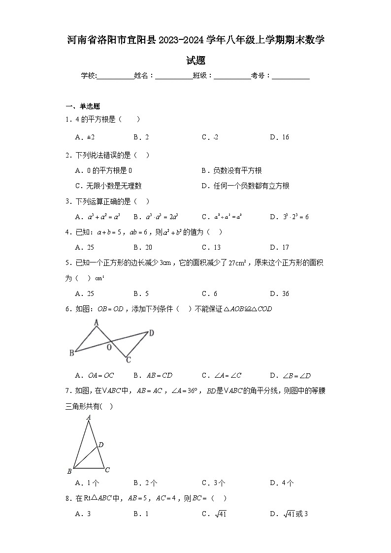 河南省洛阳市宜阳县2023-2024学年八年级上学期期末数学试题(含答案)第1页