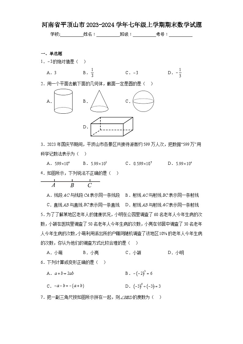 河南省平顶山市2023-2024学年七年级上学期期末数学试题01