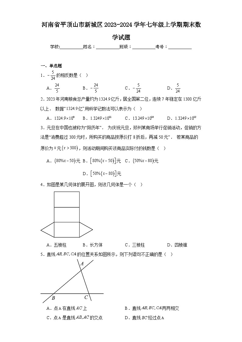 河南省平顶山市新城区2023-2024学年七年级上学期期末数学试题01