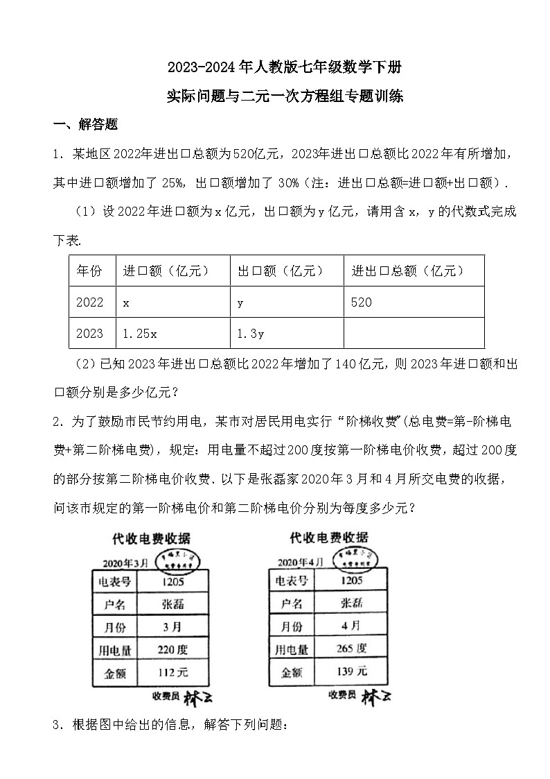 2023-2024学年人教版七年级数学下册8.3实际问题与二元一次方程组专题训练（原卷+答案版）第1页