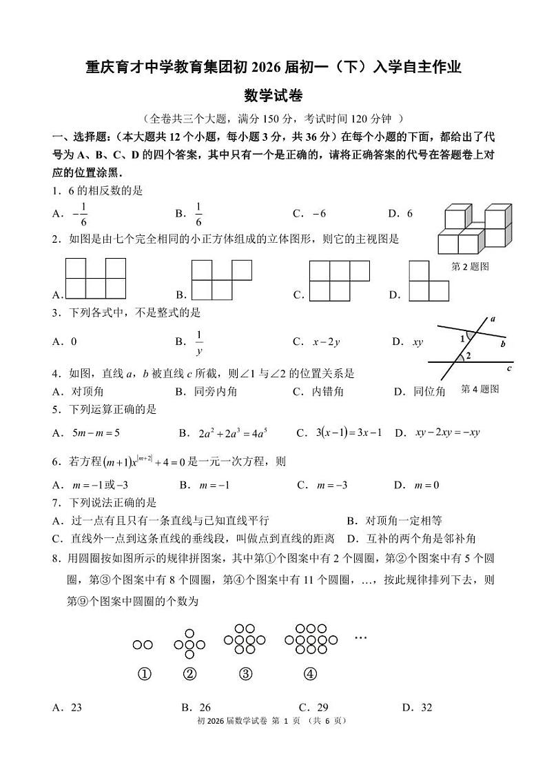 重庆育才中学2023-2024学年七年级下学期入学自主作业数学试卷01