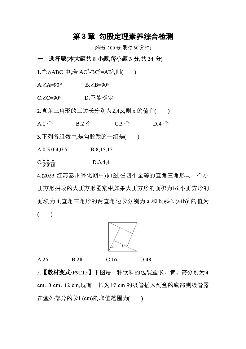 第3章 勾股定理 苏科版数学八年级上册素养检测(含解析)01