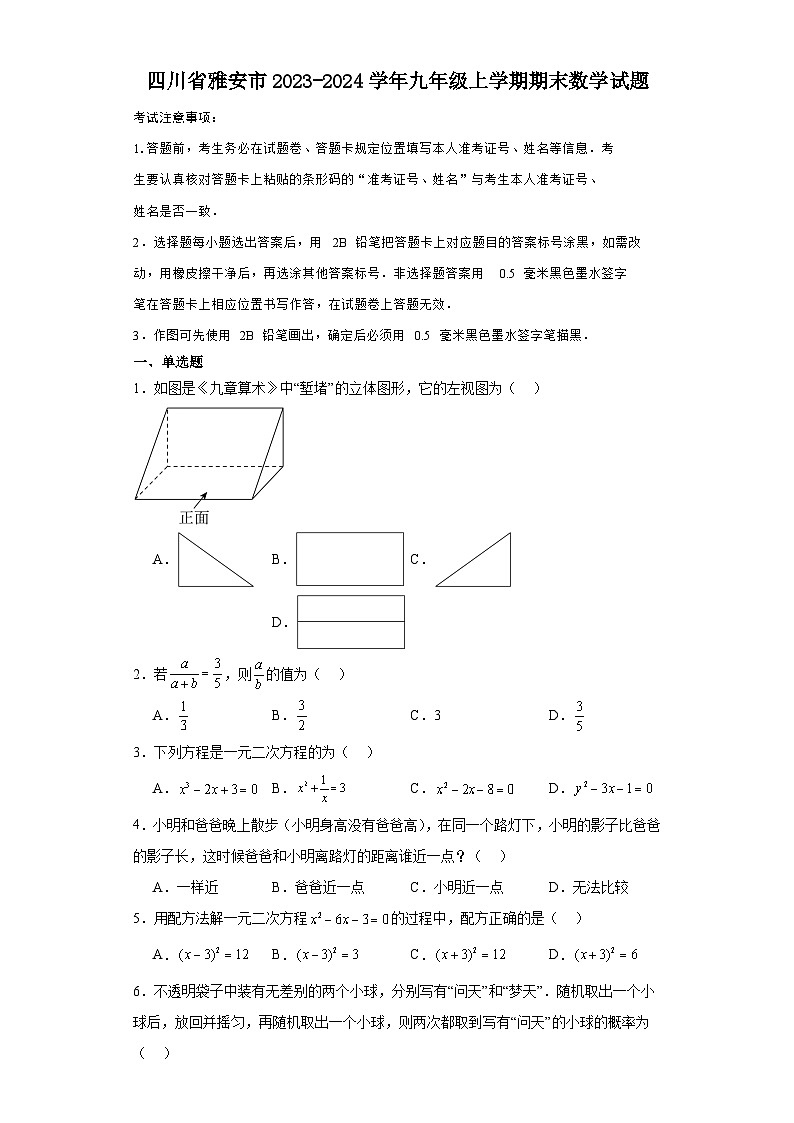 四川省雅安市2023-2024学年九年级（上）学期期末数学试卷（含解析）01