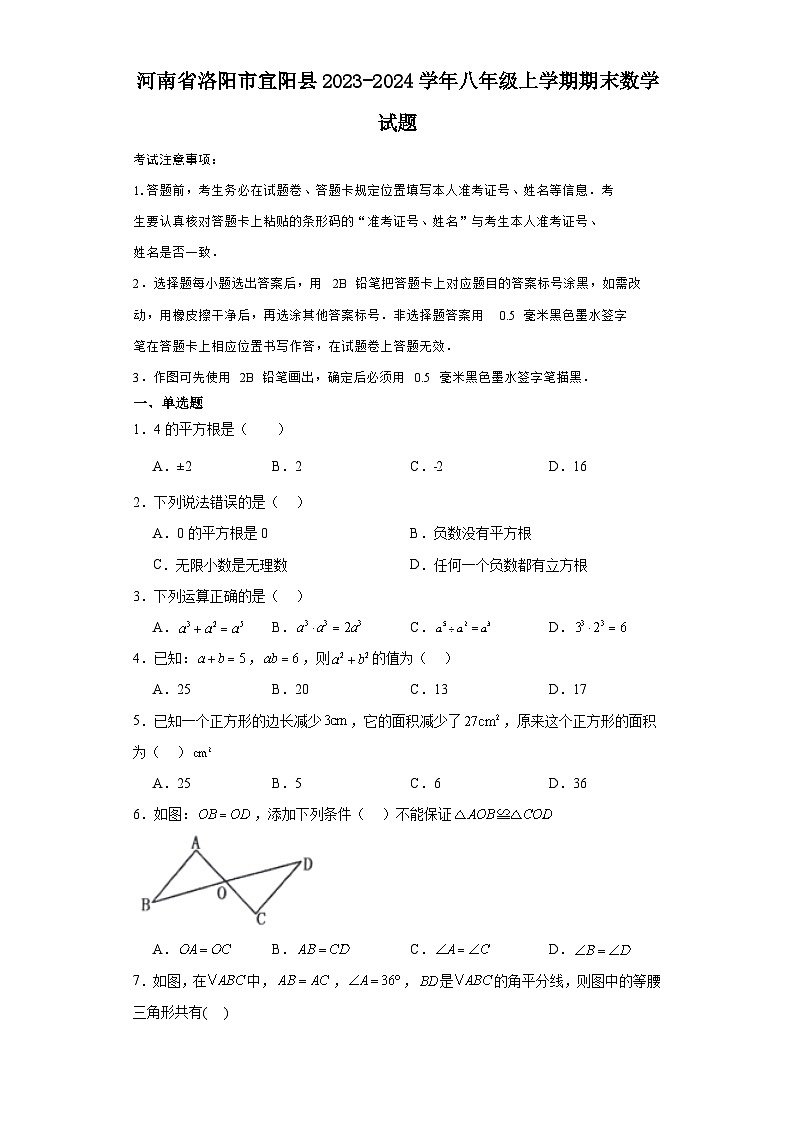 河南省洛阳市宜阳县2023-2024学年八年级（上）学期期末数学试卷（含解析）01