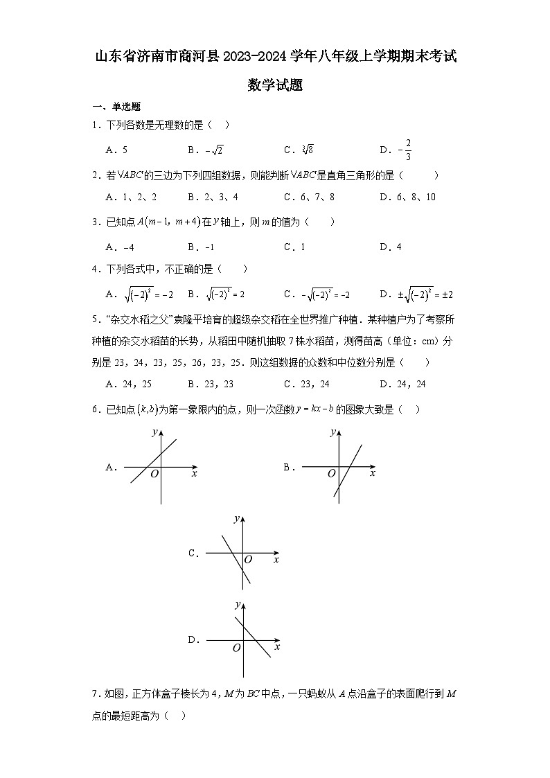 山东省济南市商河县2023-2024学年八年级（上）学期期末考试数学试卷（含解析）第1页