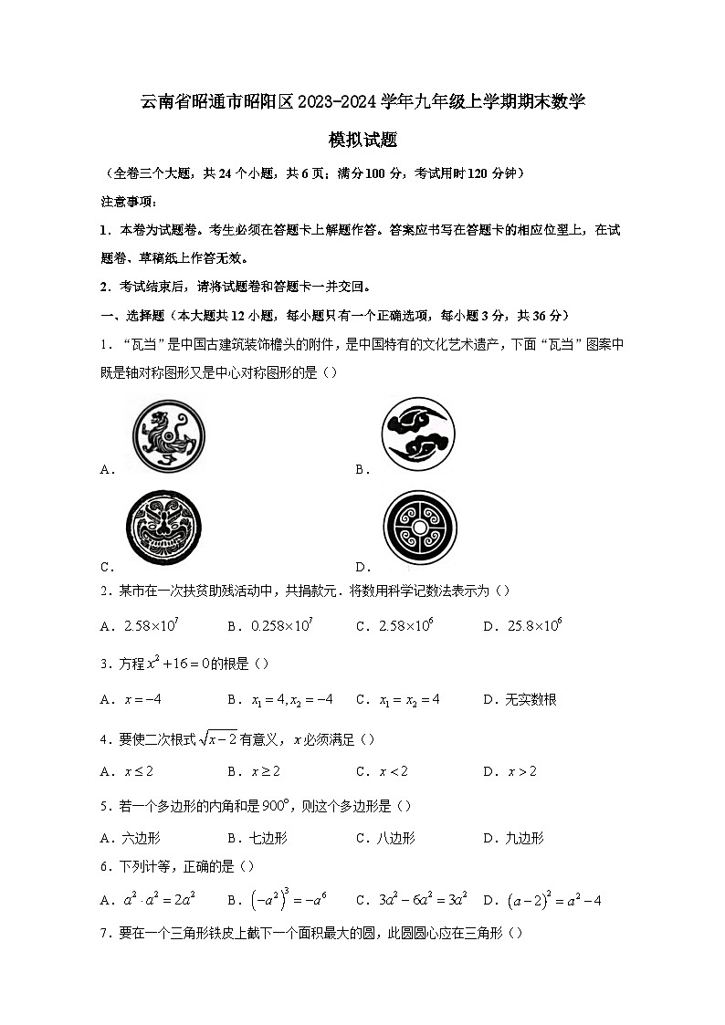 云南省昭通市昭阳区2023-2024学年九年级上册期末数学模拟试题（附答案）01