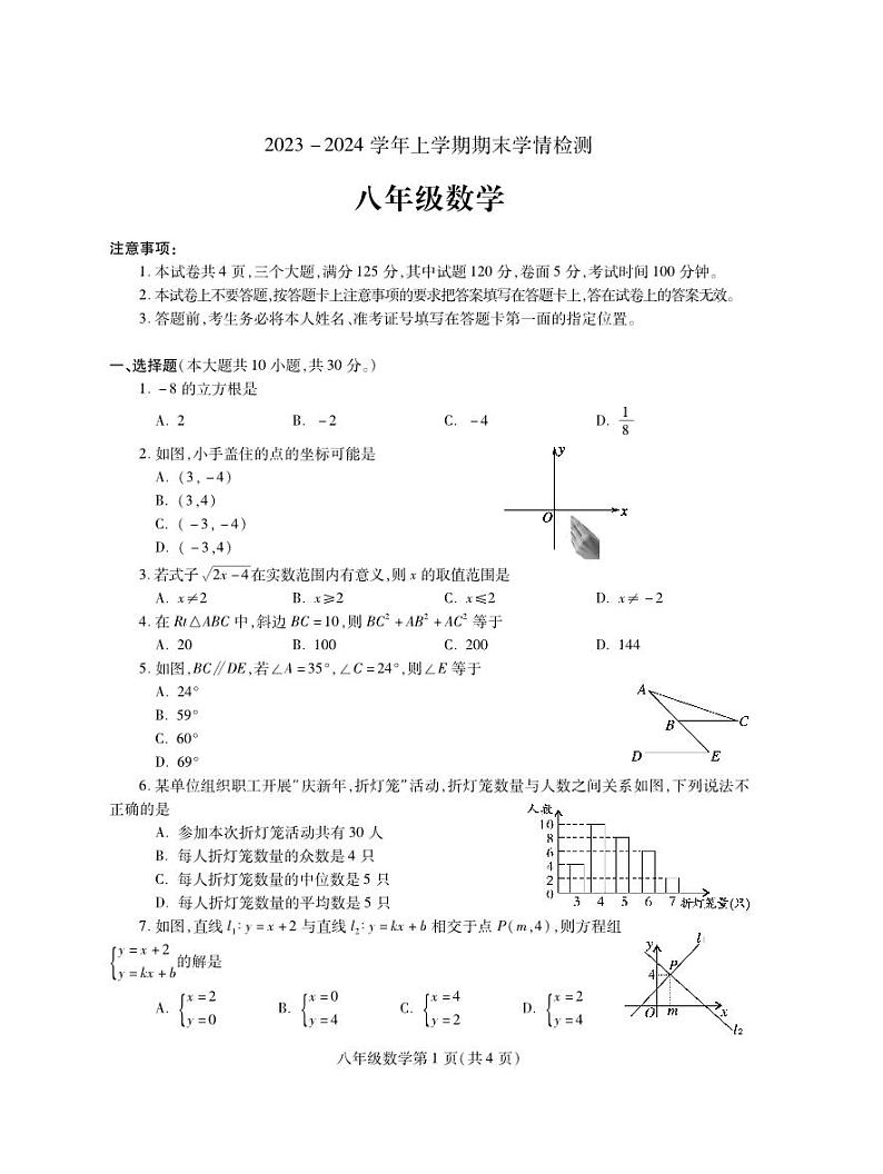 +河南省平顶山市郏县2023-2024学年八年级上学期期末学情检测数学试题01