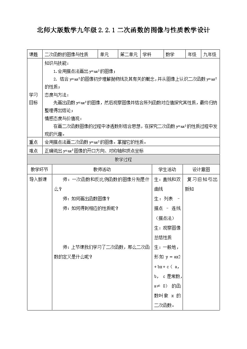 2.2.1二次函数的图像与性质教案教学设计01