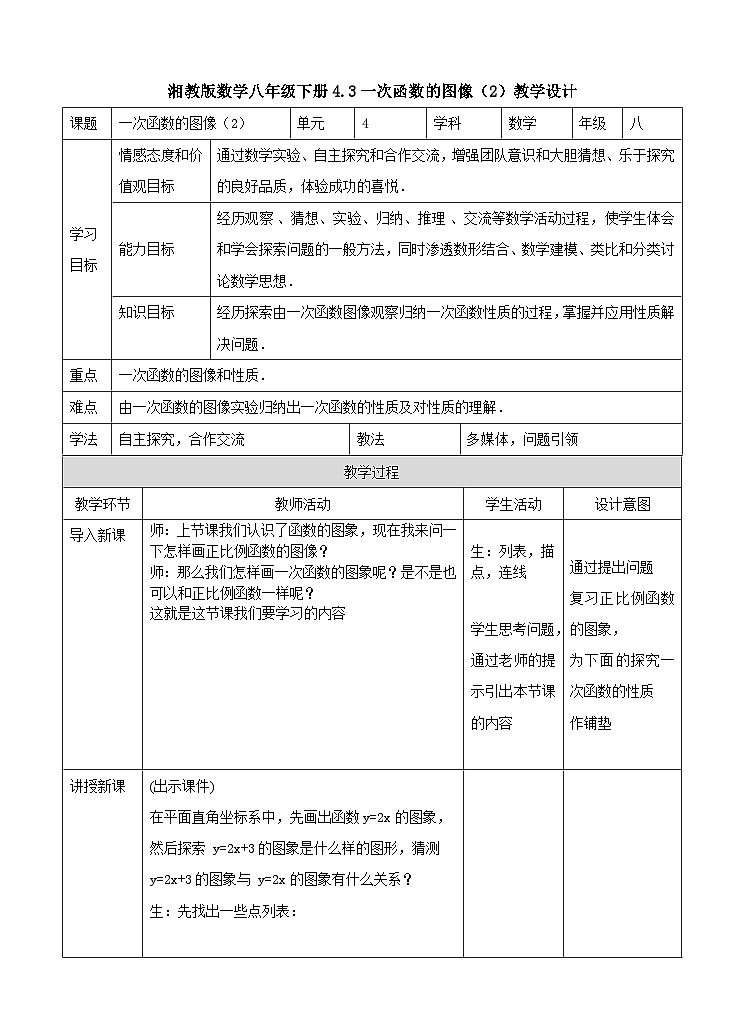 湘教版数学八年级下册4.3一次函数的图像(2)教学设计01