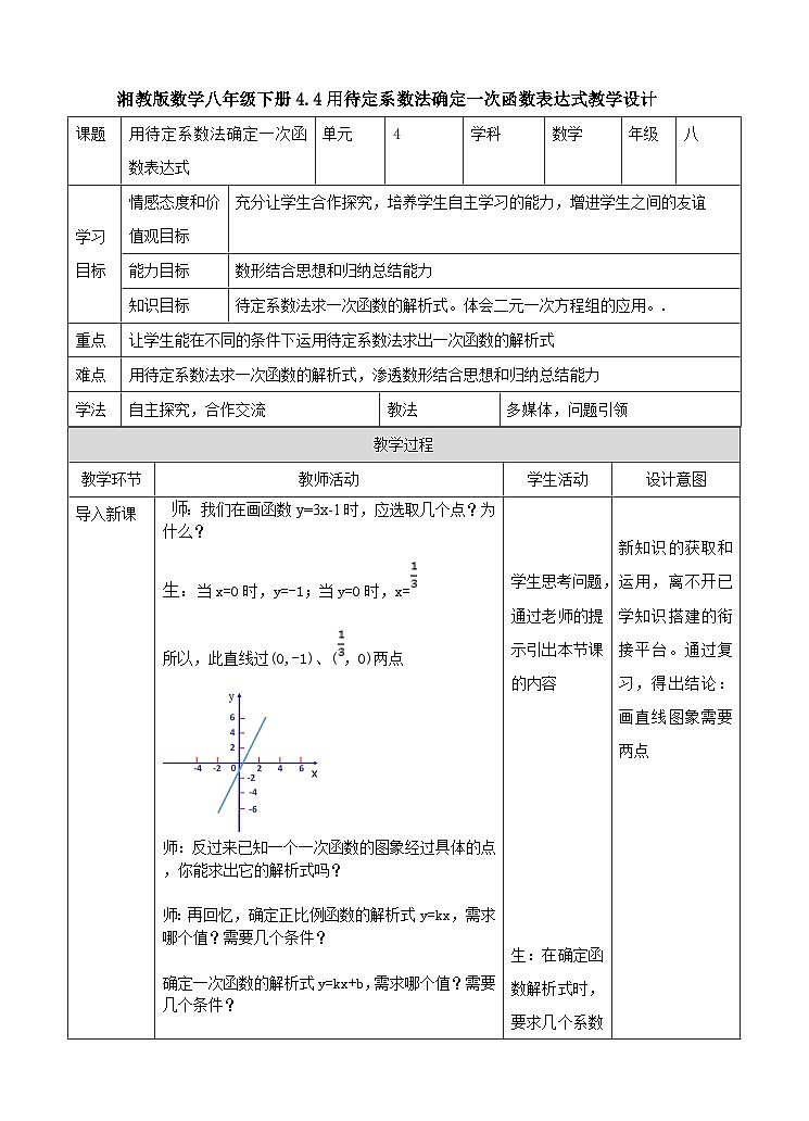 湘教版数学八年级下册4.4用待定系数法确定一次函数表达式教学设计01