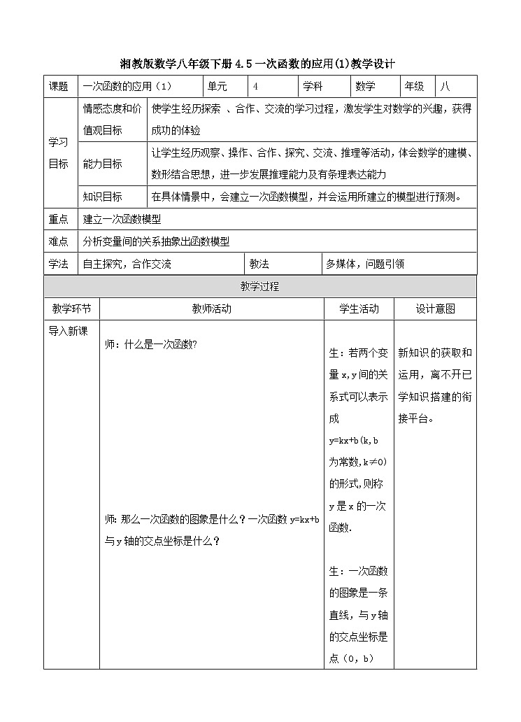 湘教版数学八年级下册4.5一次函数的应用(1)教学设计第1页