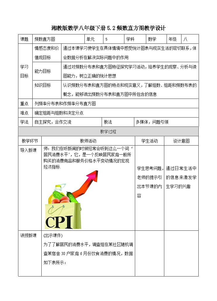湘教版数学八年级下册5.2频数直方图教学设计01
