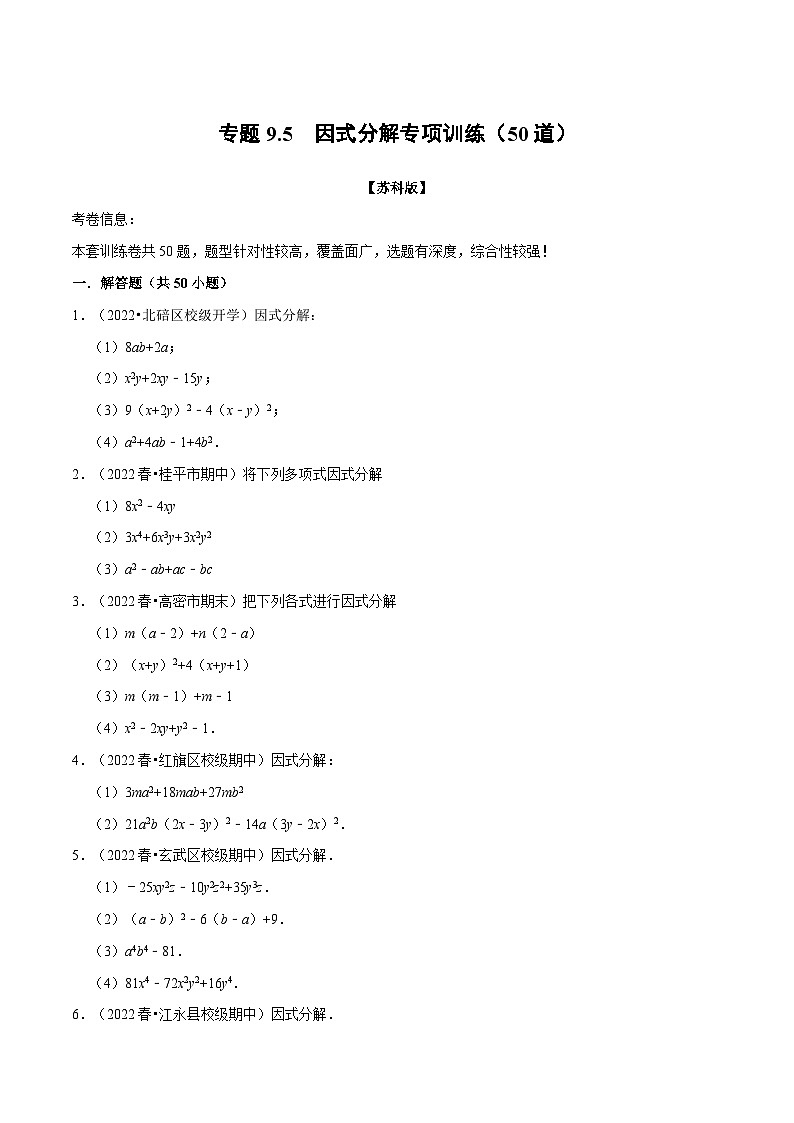 专题9.5 因式分解专项训练（50道）-2022-2023学年七年级数学下册举一反三系列（苏科版）01