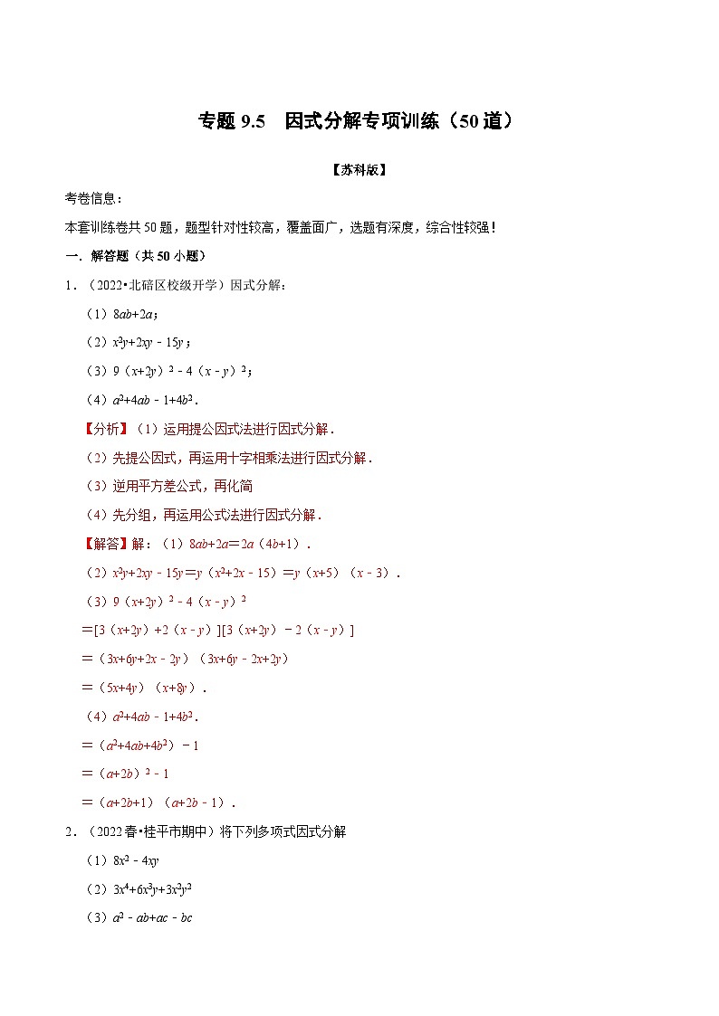 专题9.5 因式分解专项训练（50道）-2022-2023学年七年级数学下册举一反三系列（苏科版）01