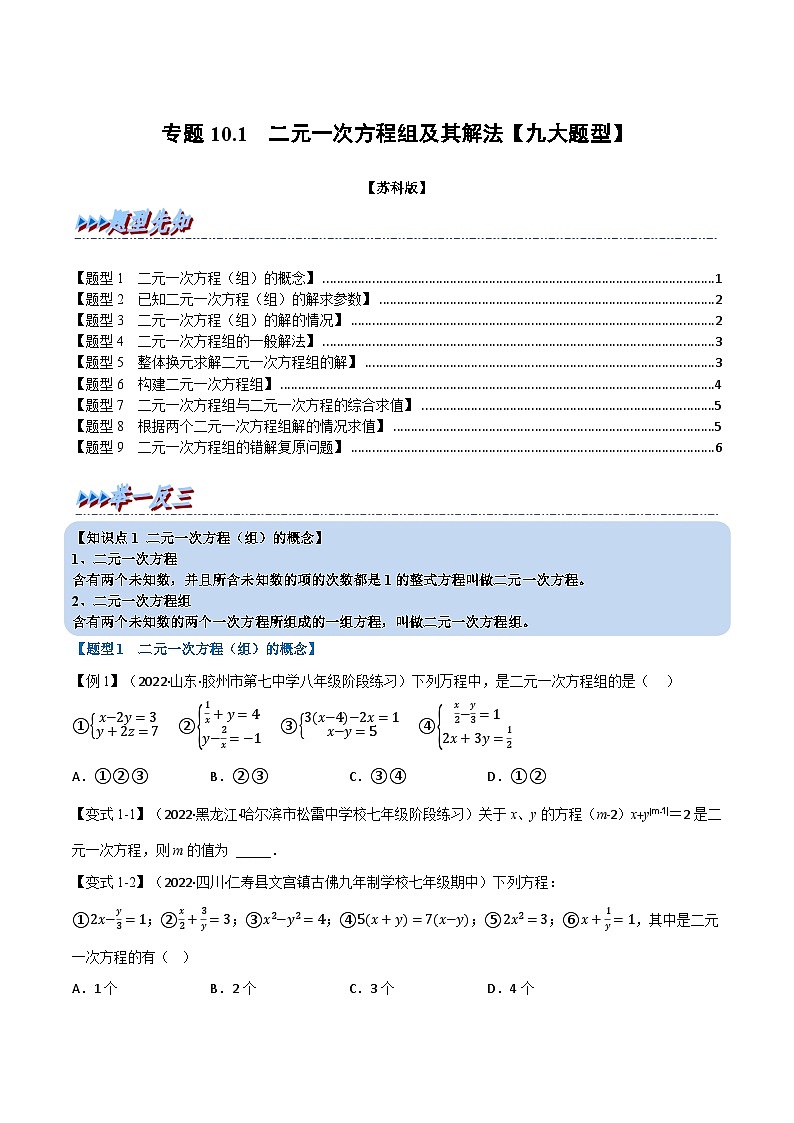 专题10.1 二元一次方程组及其解法【九大题型】-2022-2023学年七年级数学下册举一反三系列（苏科版）01
