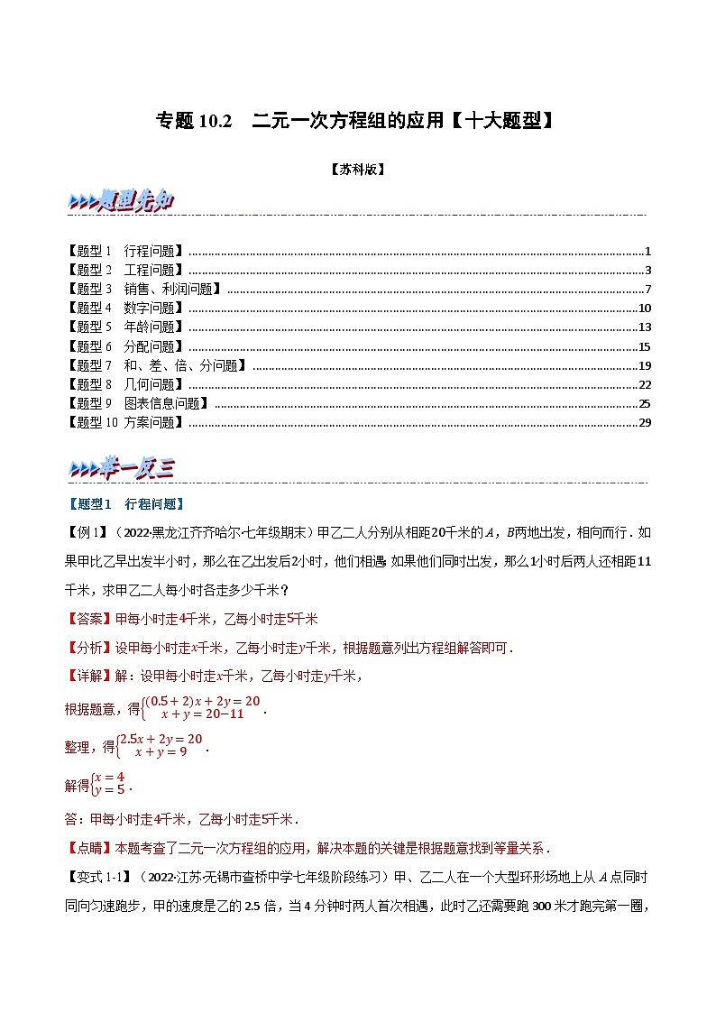 专题10.2 二元一次方程组的应用【十大题型】（举一反三）（苏科版）（解析版）第1页