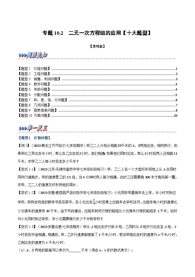 专题10.2 二元一次方程组的应用【十大题型】（举一反三）（苏科版）（原卷版）第1页