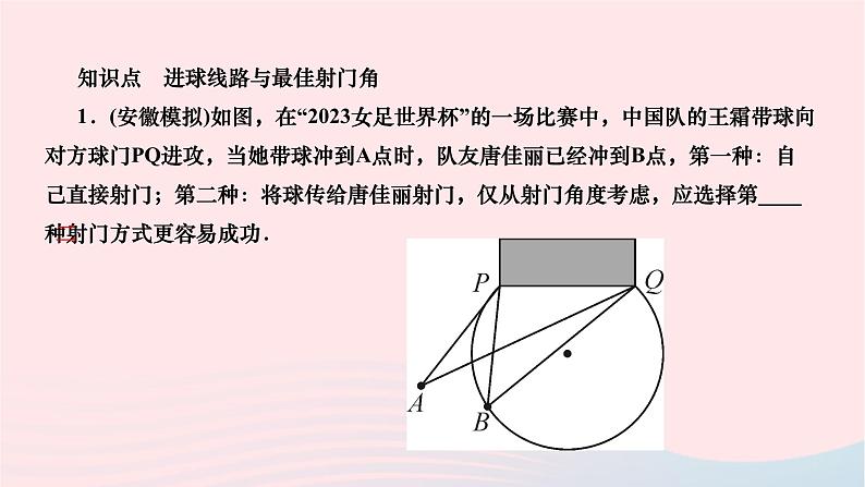 2024九年级数学下册第24章圆24.8综合与实践进球线路与最佳射门角选用作业课件新版沪科版第3页