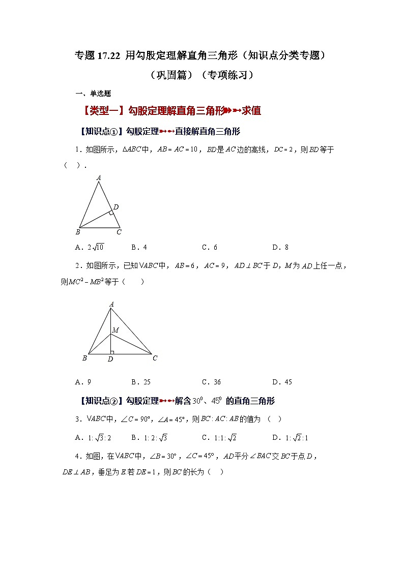人教版八年级数学下册基础知识专项讲练 专题17.22 用勾股定理解直角三角形（知识点分类专题）（巩固篇）（专项练习）01