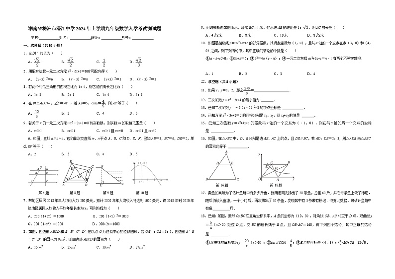 湖南省株洲市渌江中学2023—2024学年九年级下学期入学考试测数学试题01