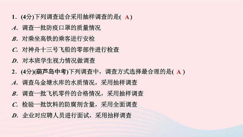 2024七年级数学下册第十章数据的收集整理与描述10.1统计调查第二课时抽样调查作业课件新版新人教版03