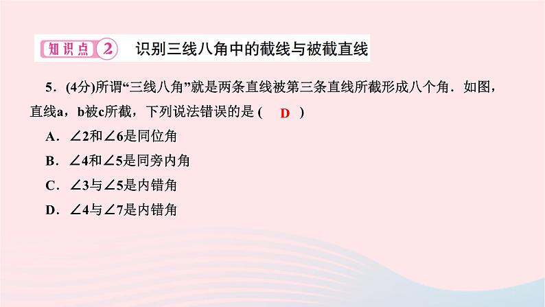 2024七年级数学下册第五章相交线与平行线5.1相交线5.1.3同位角内错角同旁内角作业课件新版新人教版第7页