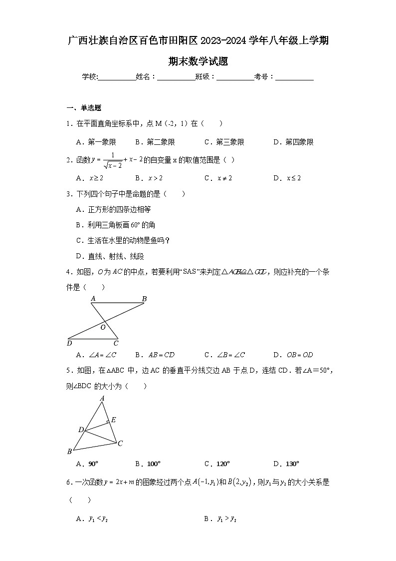 广西壮族自治区百色市田阳区2023-2024学年八年级上学期期末数学试题01